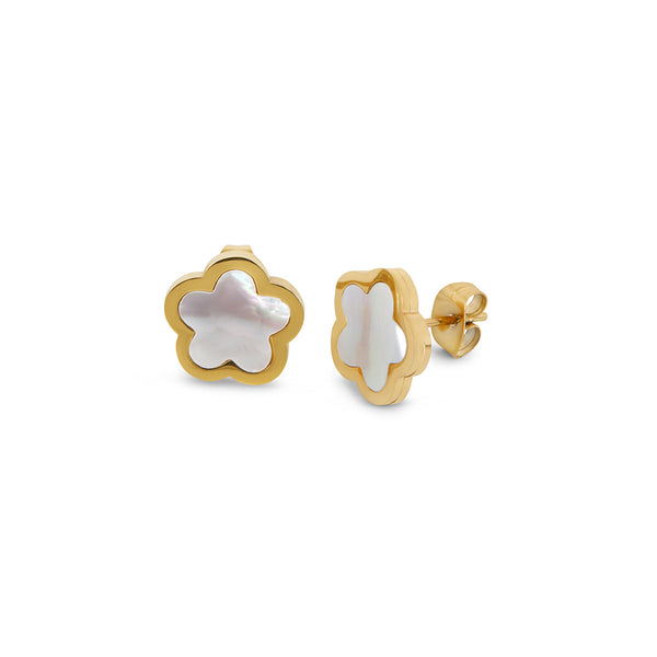 Clover Shell Stud Earrings - Gold/White