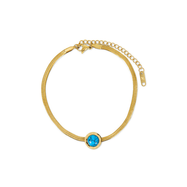 Aqua Stone Snake Chain Anklet - Gold