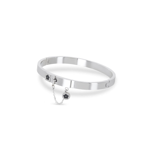 Flower Lock Charm Bangle Pendant Bracelet - Silver