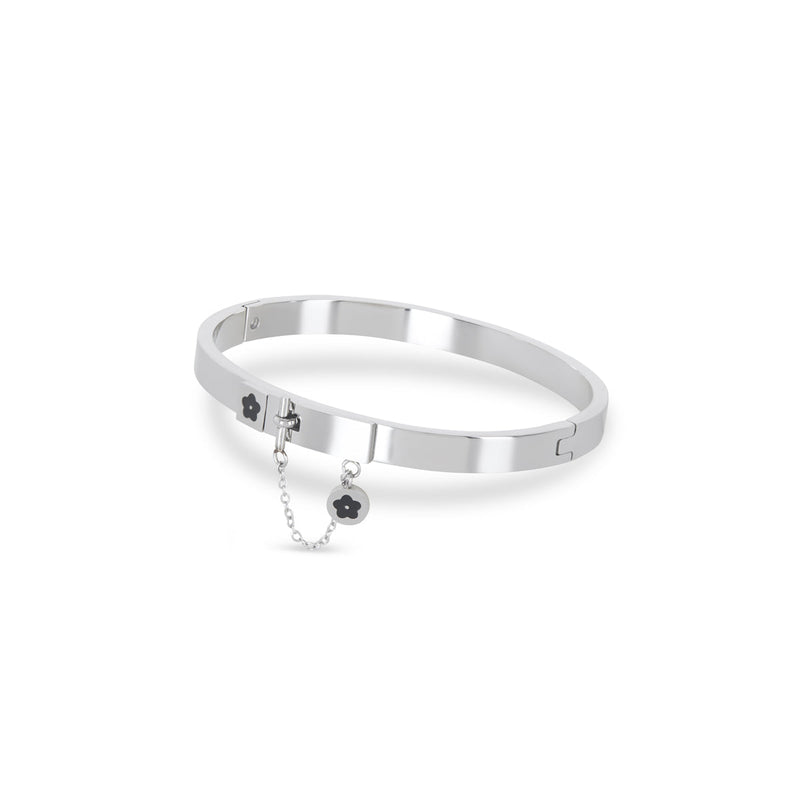 Flower Lock Charm Bangle Pendant Bracelet - Silver