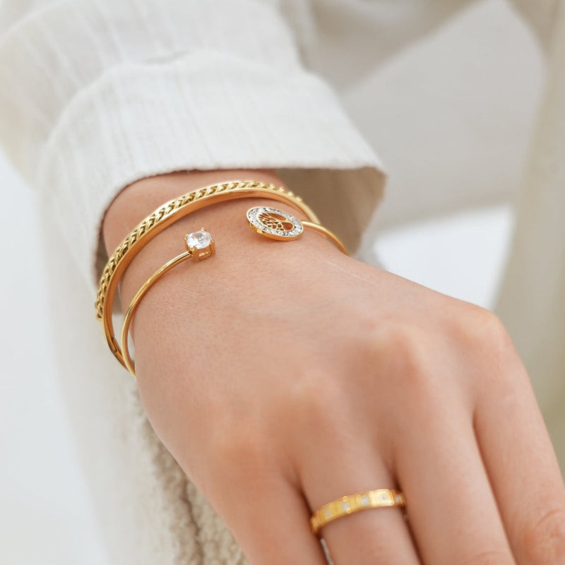 Tree Of Life Stone Bangle Bracelet - Gold
