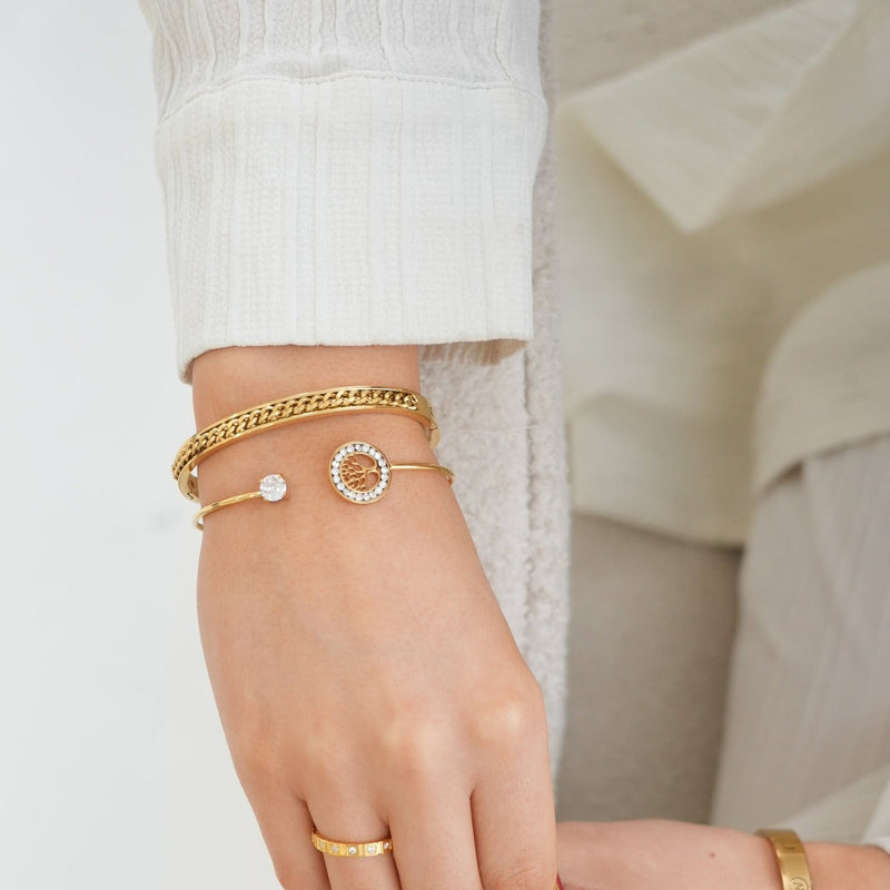 Tree Of Life Stone Bangle Bracelet - Gold
