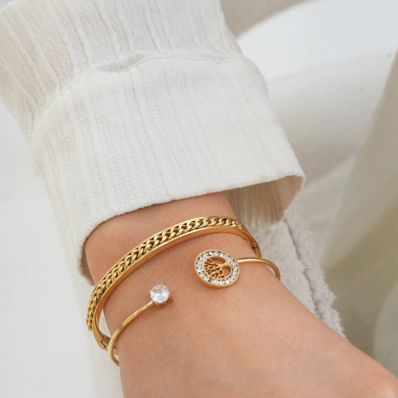 Tree Of Life Stone Bangle Bracelet - Gold