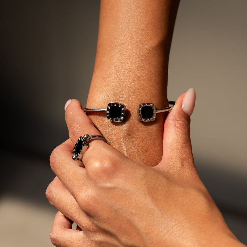 Square Onyx Bangle Bracelet - Silver