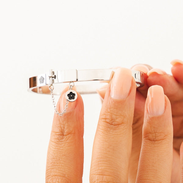 Flower Lock Charm Bangle Pendant Bracelet - Silver