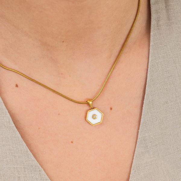 Hex Stone Pendant Necklace - Gold