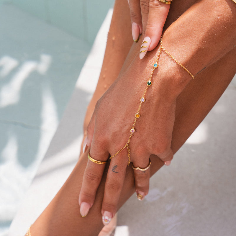 Multi Colour Stone Hand Chain - Gold